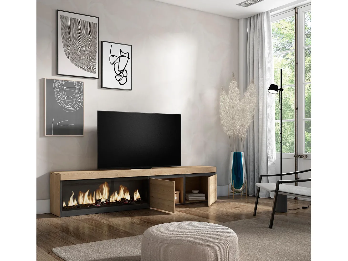 Móvel de TV, 208x35x45cm, Para televisores até 80", Lareira eléctrica XXL, Carvahlo