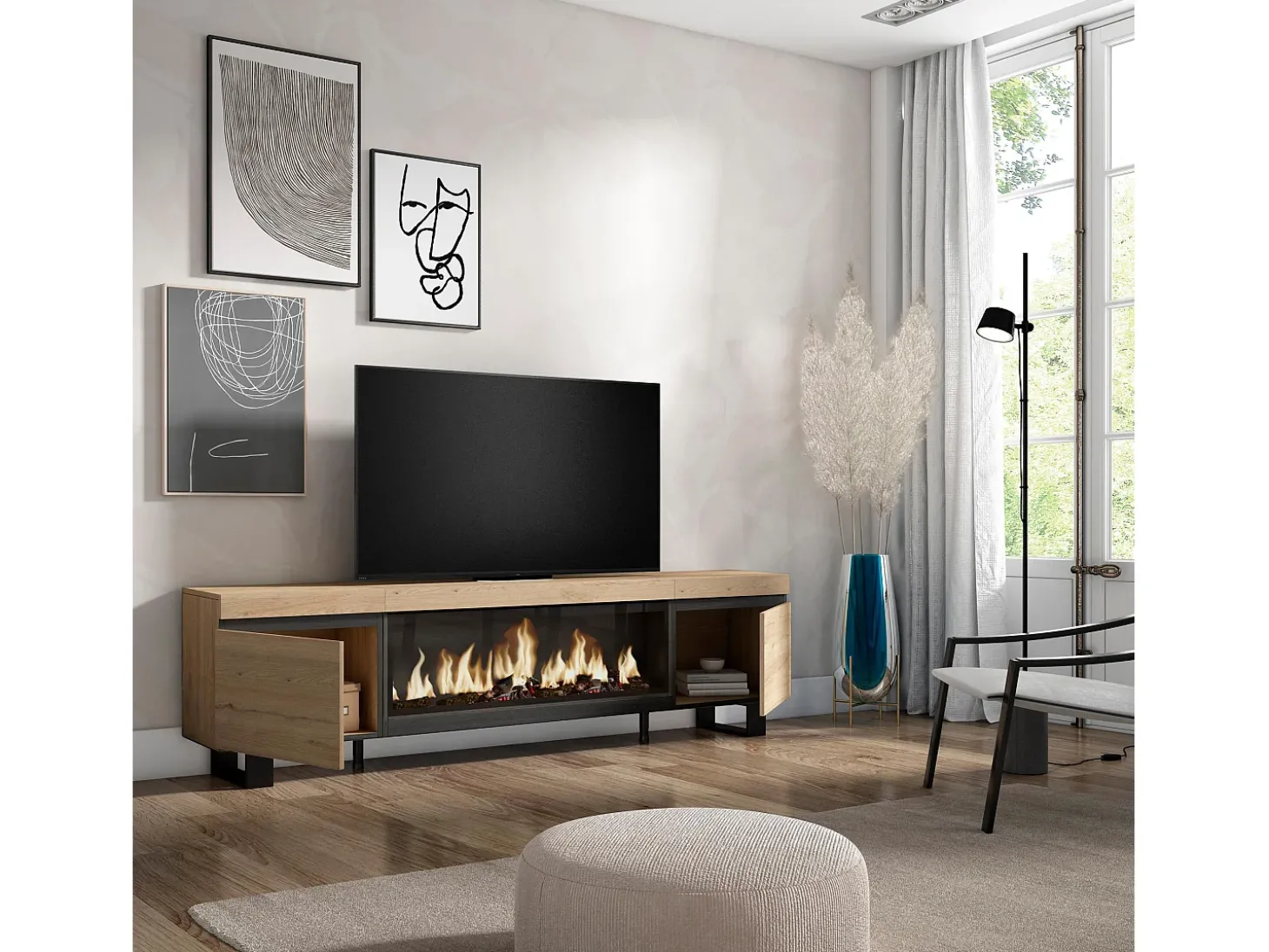 Móvel de TV, 208x35x57cm, Para televisores até 80", Lareira eléctrica XXL, Design industrial, Carvahlo