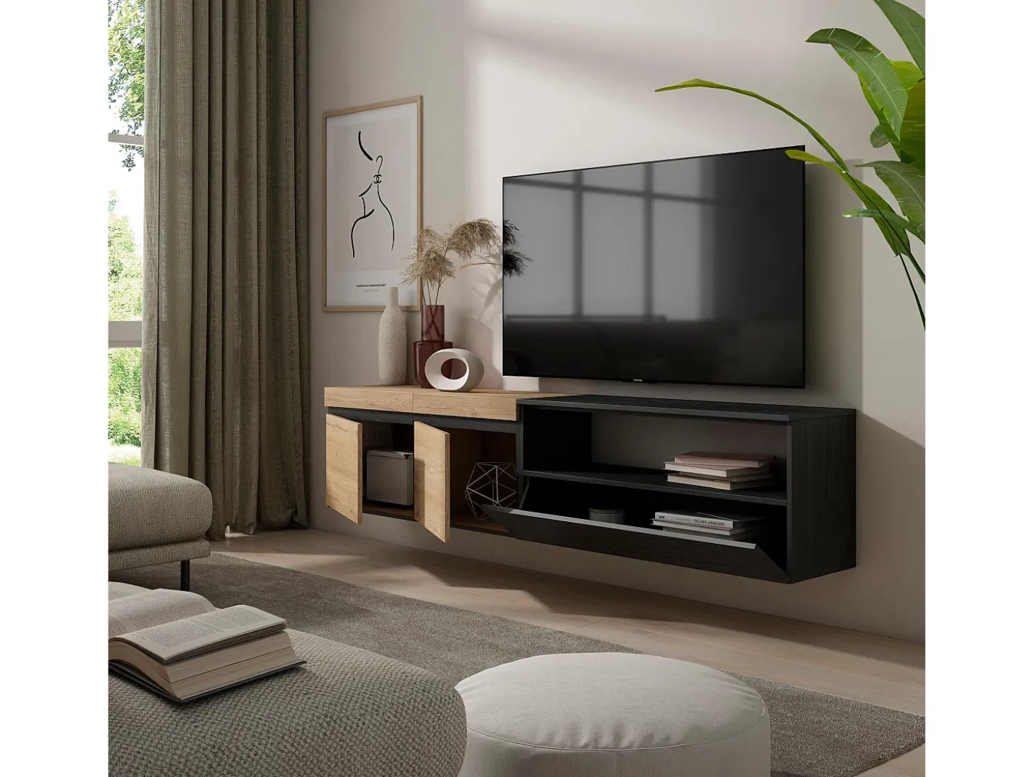 Móvel de TV, 200x35x45cm, Para televisores até 80", Suspensos, Carvahlo e preto