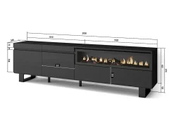 Móvel de TV, 200x35x57cm, Para televisores até 80", Lareira eléctrica, Design industrial, Preto