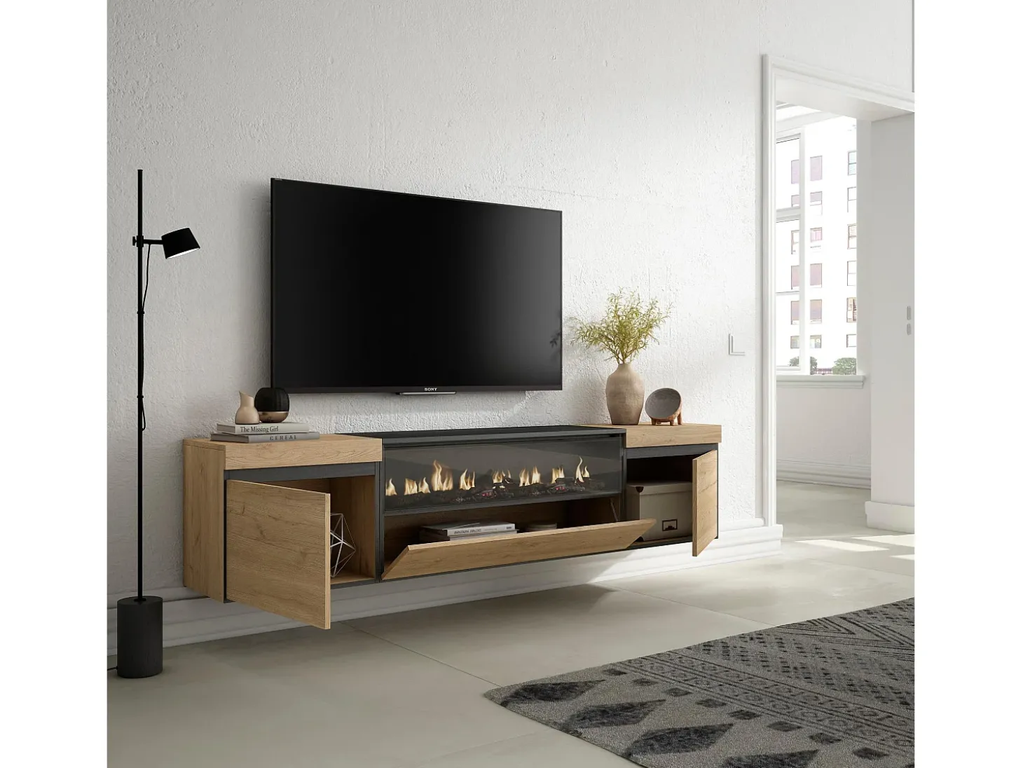 Móvel de TV, 200x35x45cm, Para televisores até 80", Lareira eléctrica, Suspensos, Carvahlo e preto
