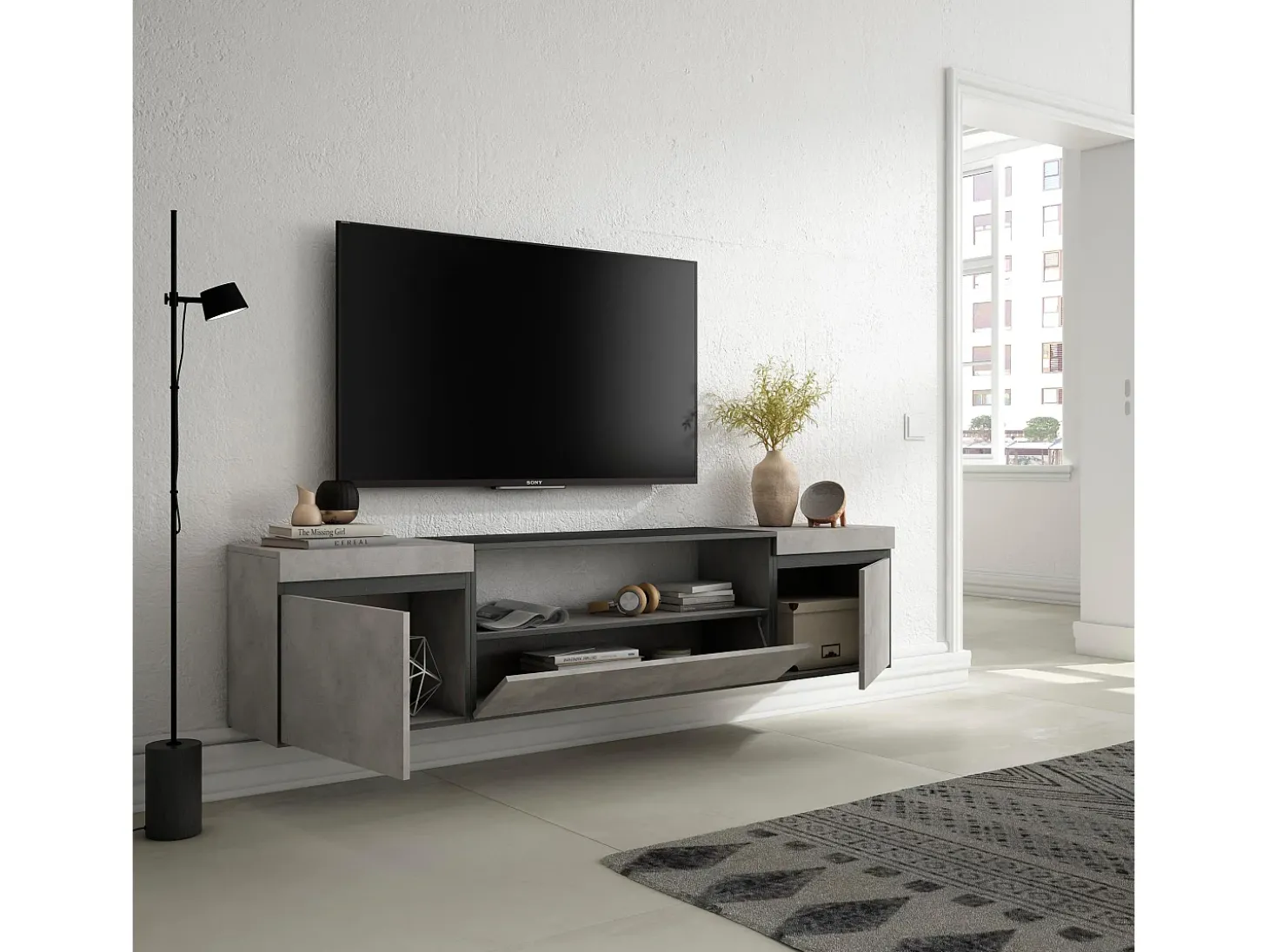Móvel de TV, 200x35x45cm, Para televisores até 80", Suspensos, Cimento