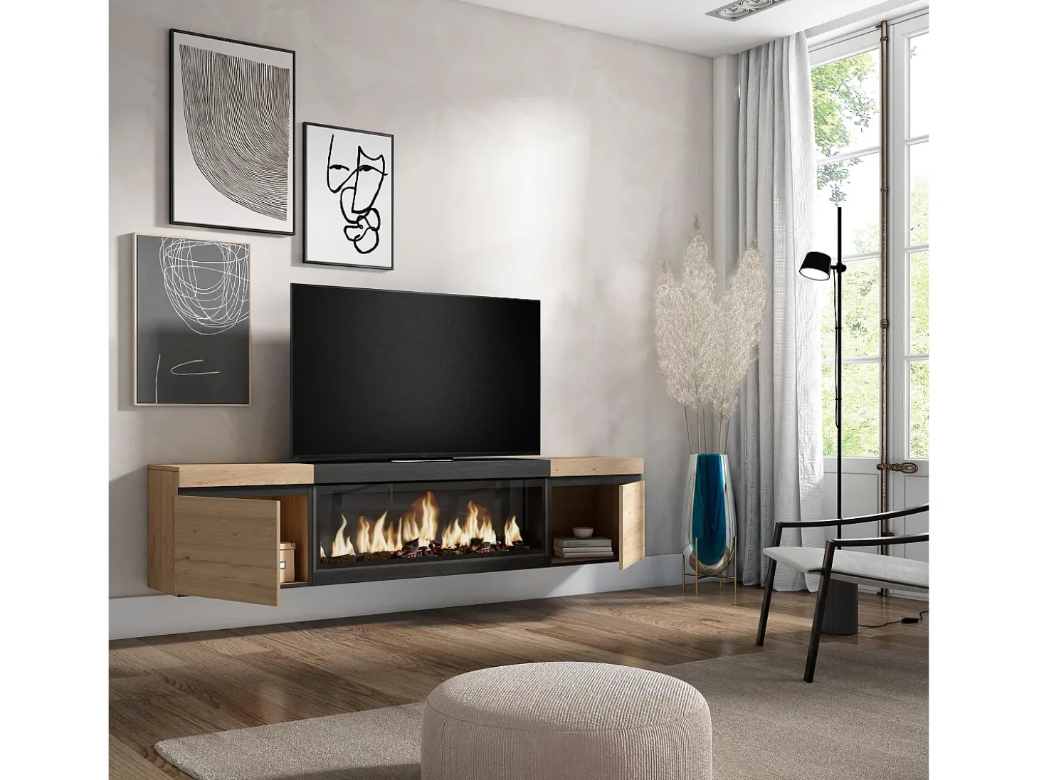 Móvel de TV, 208x35x45cm, Para televisores até 80", Lareira eléctrica XXL, Suspensos, Carvahlo e preto