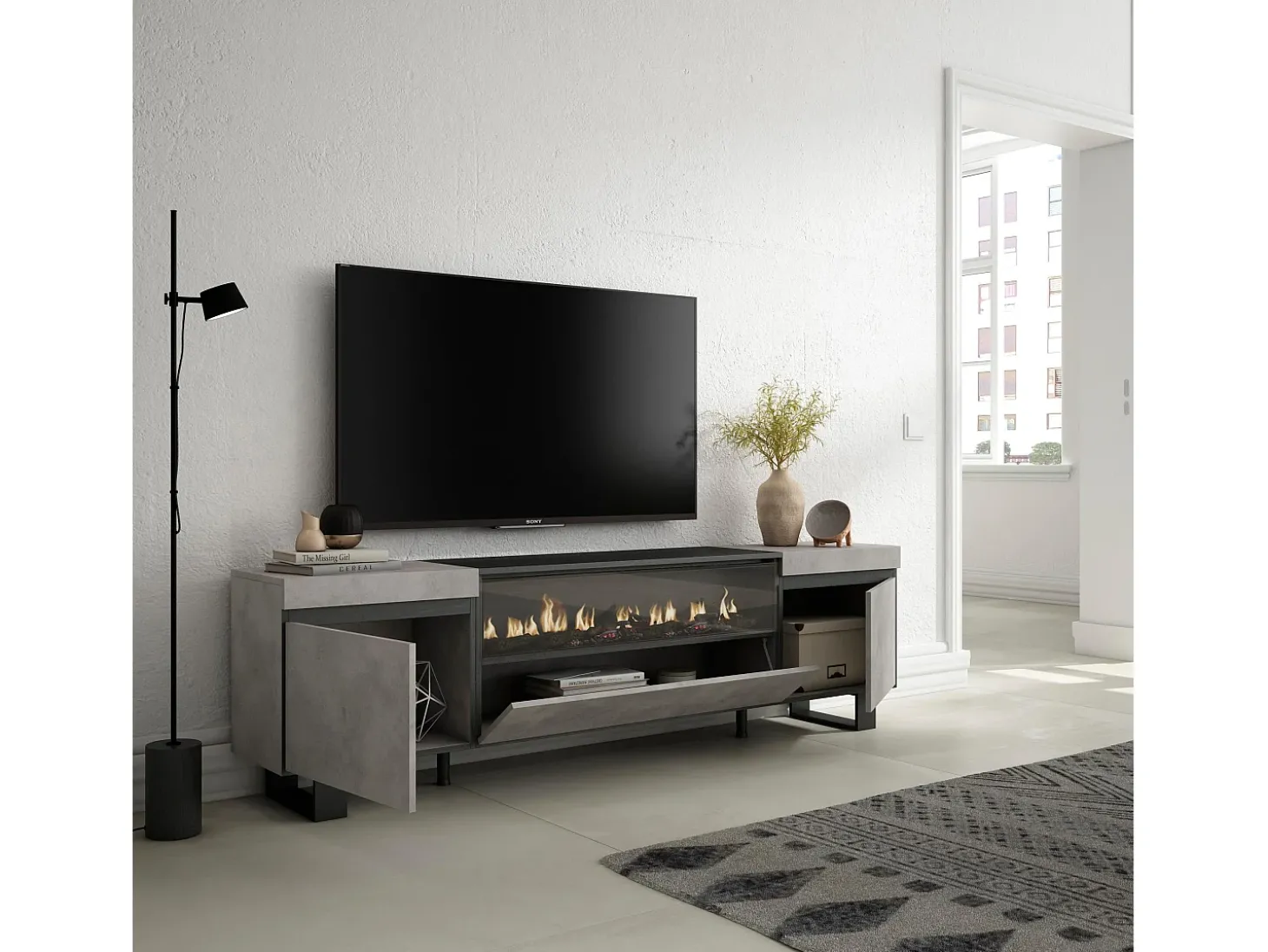 Móvel de TV, 200x35x57cm, Para televisores até 80", Lareira eléctrica, Design industrial, Cimento