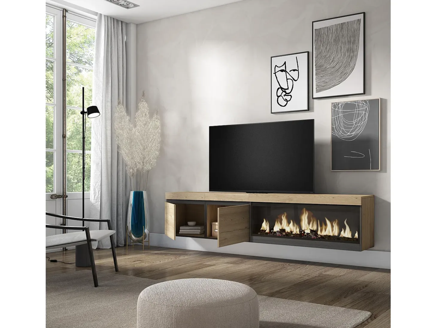 Móvel de TV, 208x35x45cm, Para televisores até 80", Lareira eléctrica XXL, Suspensos, Carvahlo