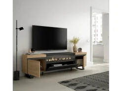 Móvel de TV, 200x35x57cm, Para televisores até 80", Lareira eléctrica, Design industrial, Carvahlo e preto