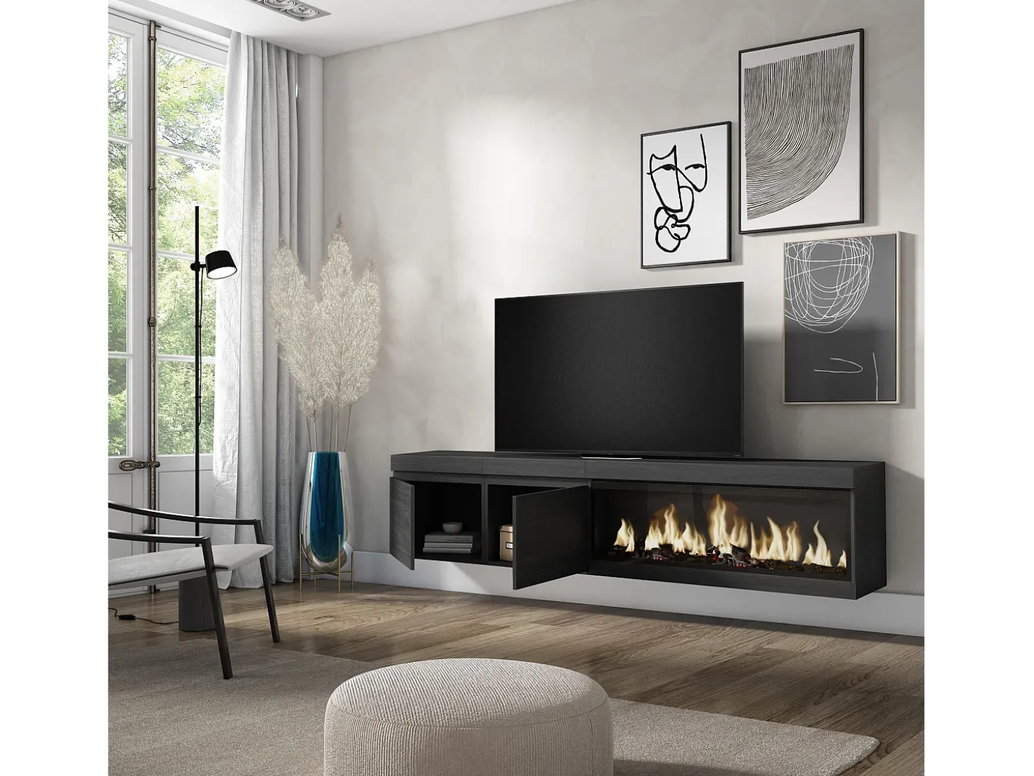 Móvel de TV, 208x35x45cm, Para televisores até 80", Lareira eléctrica XXL, Suspensos, Preto
