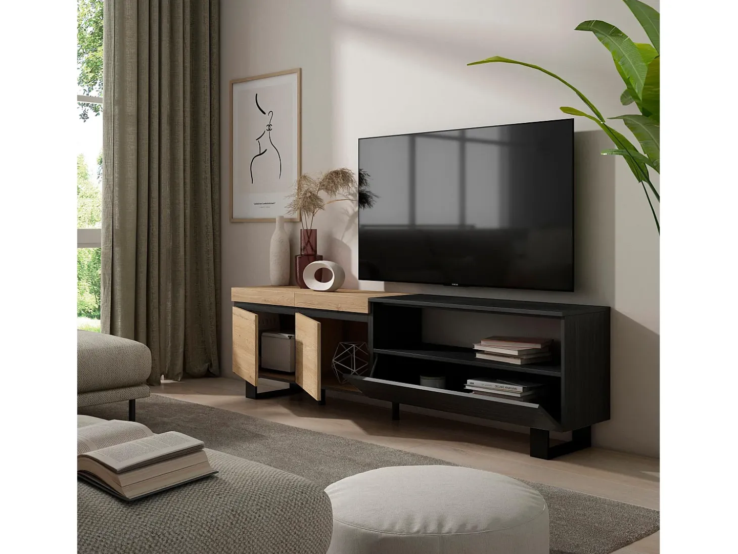 Móvel de TV, 200x35x57cm, Para televisores até 80", Design industrial, Carvahlo e preto