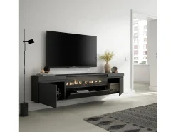 Móvel de TV, 200x35x45cm, Para televisores até 80", Lareira eléctrica, Suspensos, Preto