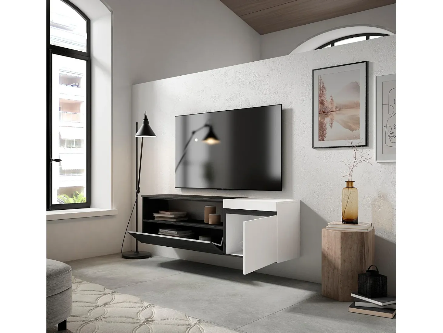 Móvel de TV, 150x35x45cm, Para televisores até 65", Suspensos, Branco e preto