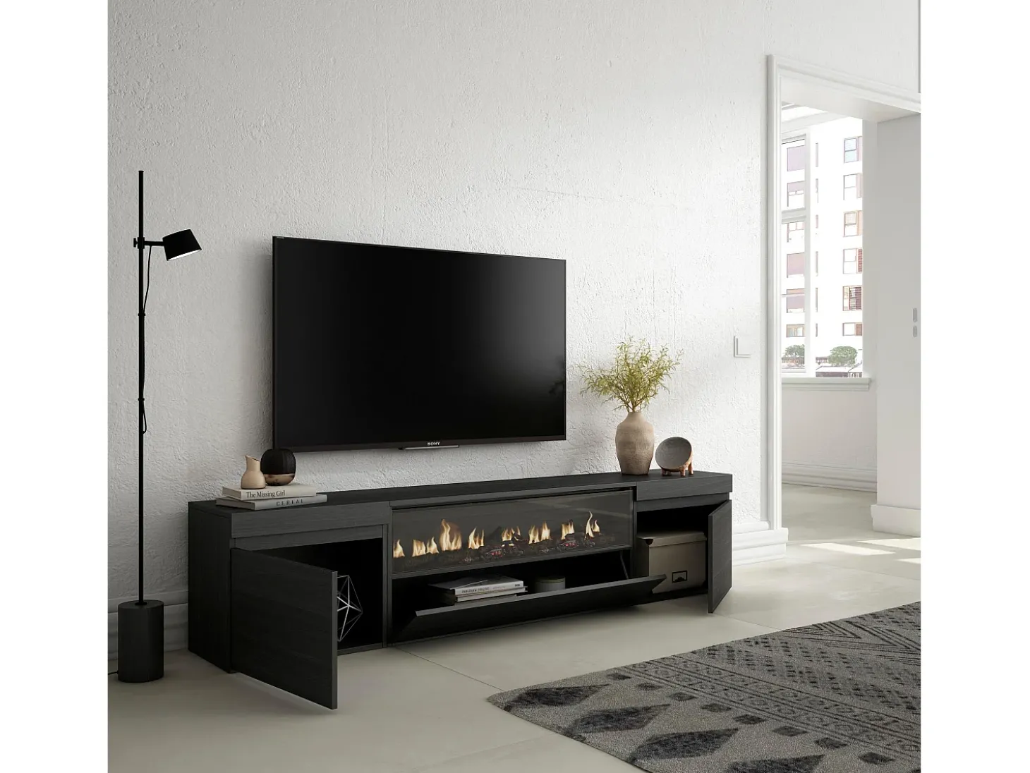 Móvel de TV, 200x35x45cm, Para televisores até 80", Lareira eléctrica, Preto