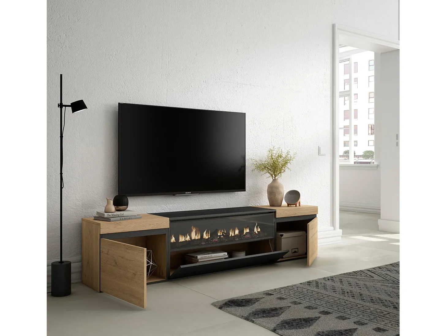 Móvel de TV, 200x35x45cm, Para televisores até 80", Lareira eléctrica, Carvahlo e preto