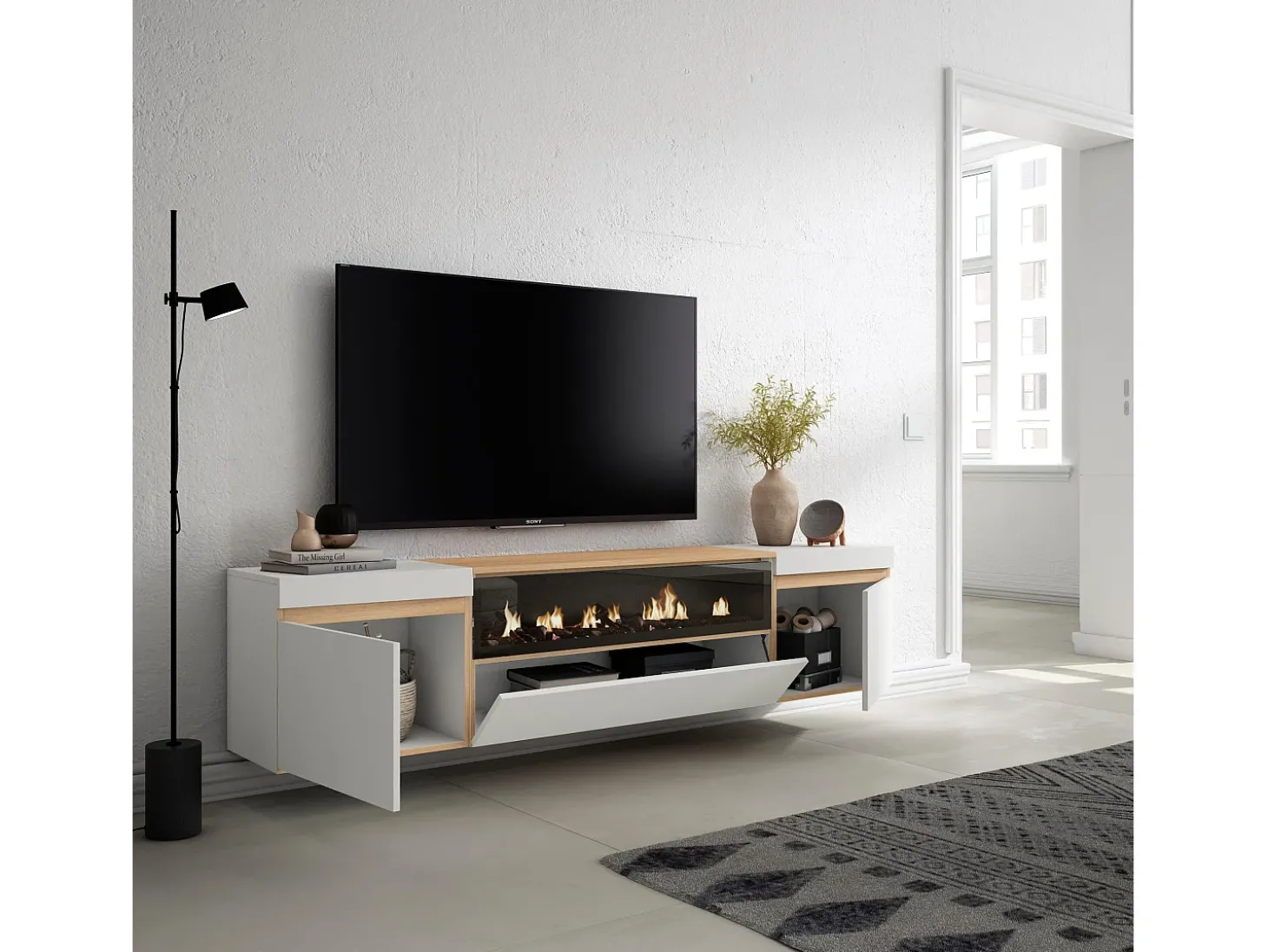 Móvel de TV, 200x35x45cm, Para televisores até 80", Lareira eléctrica, Suspensos, Branco e Carvalho soft