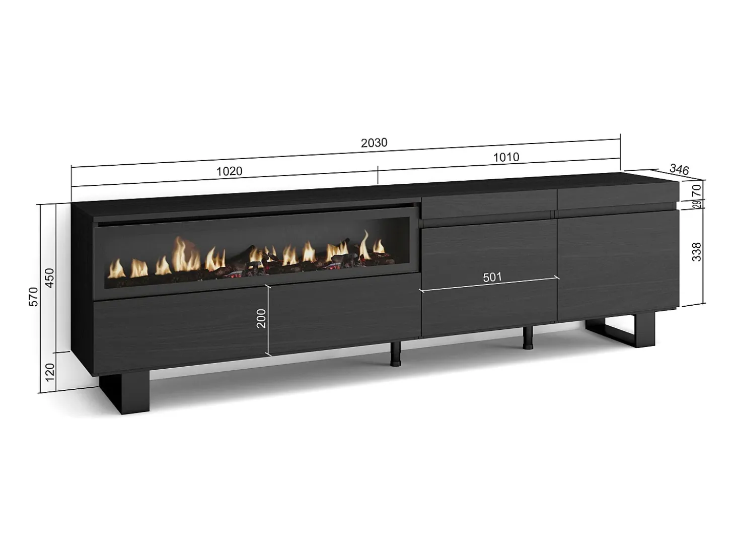 Móvel de TV, 200x35x57cm, Para televisores até 80", Lareira eléctrica, Design industrial, Preto
