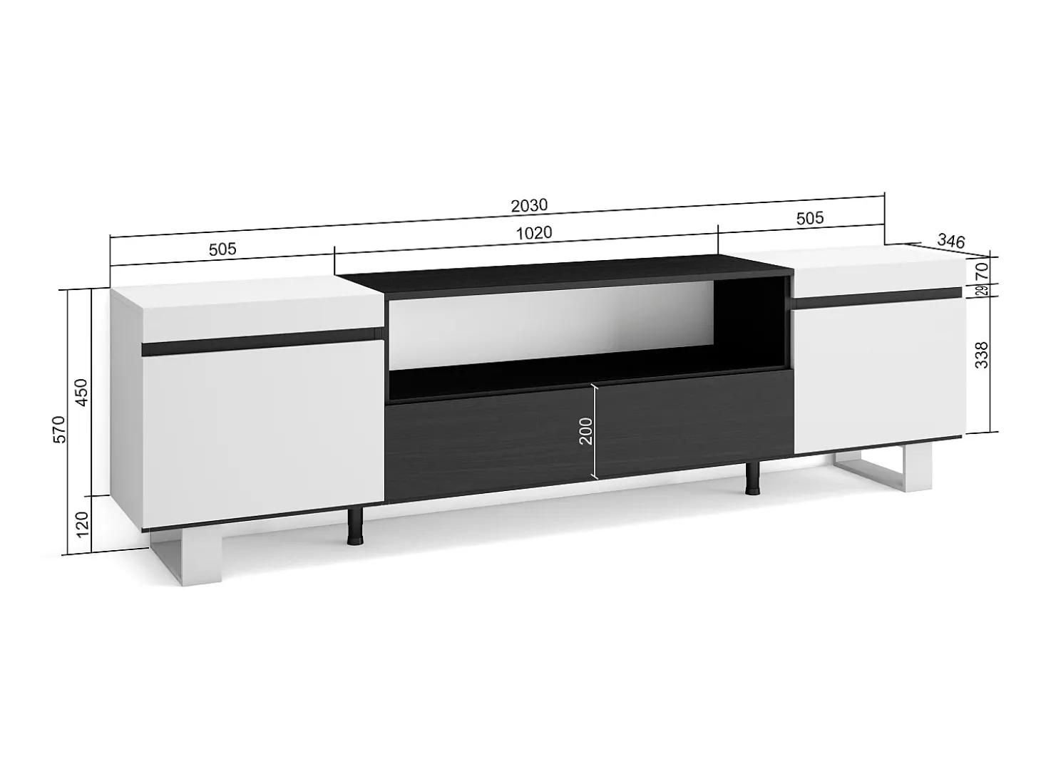 Móvel de TV, 200x35x57cm, Para televisores até 80", Design industrial, Branco e preto