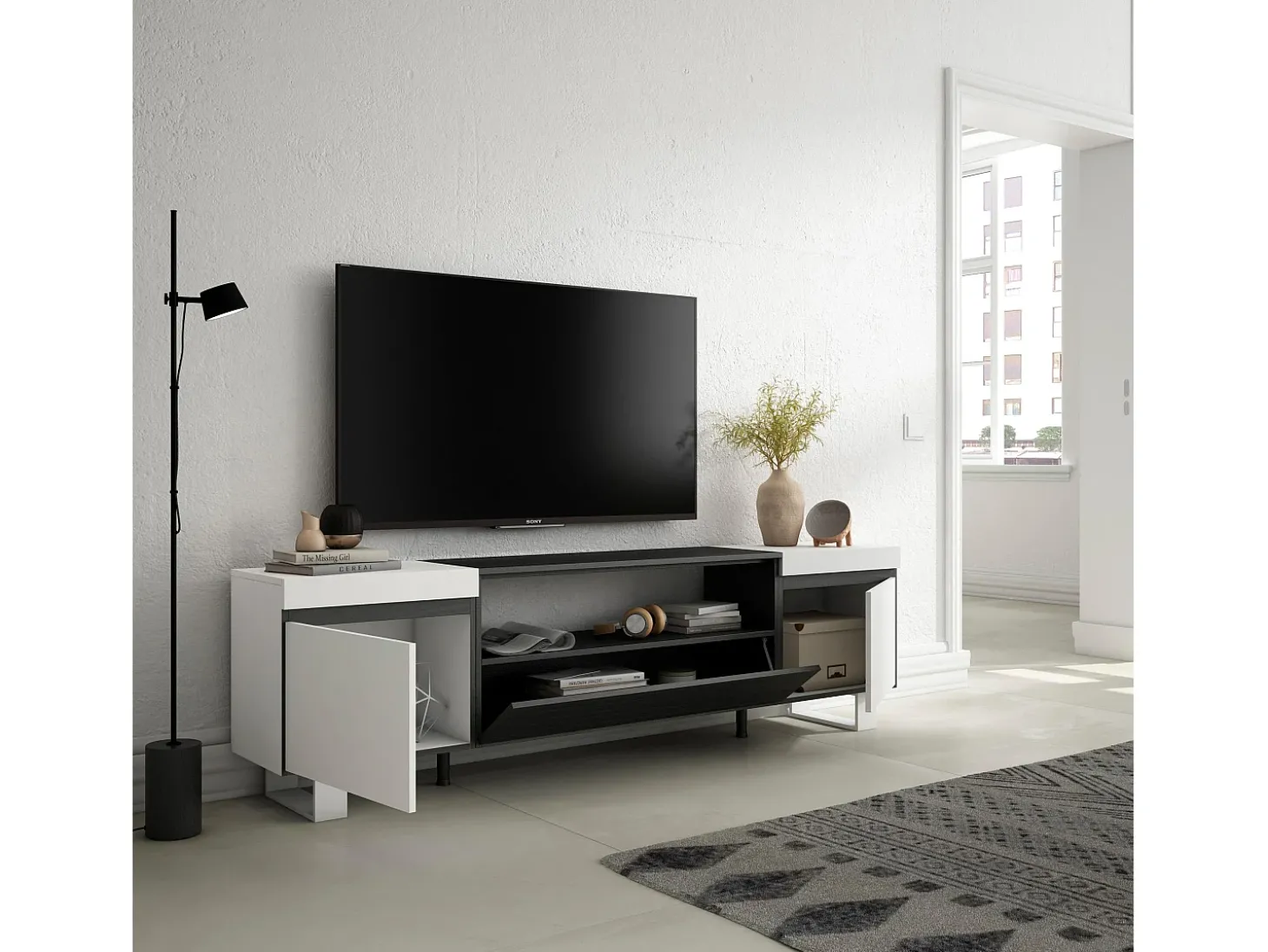 Móvel de TV, 200x35x57cm, Para televisores até 80", Design industrial, Branco e preto