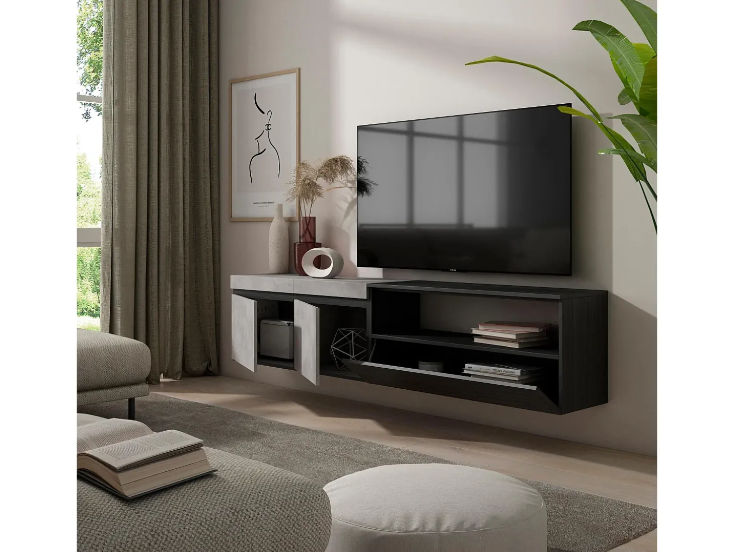 Móvel de TV, 200x35x45cm, Para televisores até 80", Suspensos, Cimento