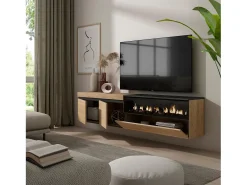 Móvel de TV, 200x35x45cm, Para televisores até 80", Lareira eléctrica, Suspensos, Carvahlo e preto