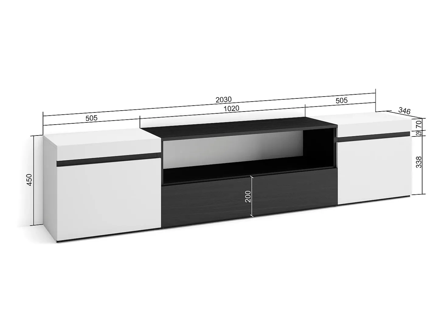 Móvel de TV, 200x45x35cm, Para televisores até 80", Estante para TV, Branco e preto