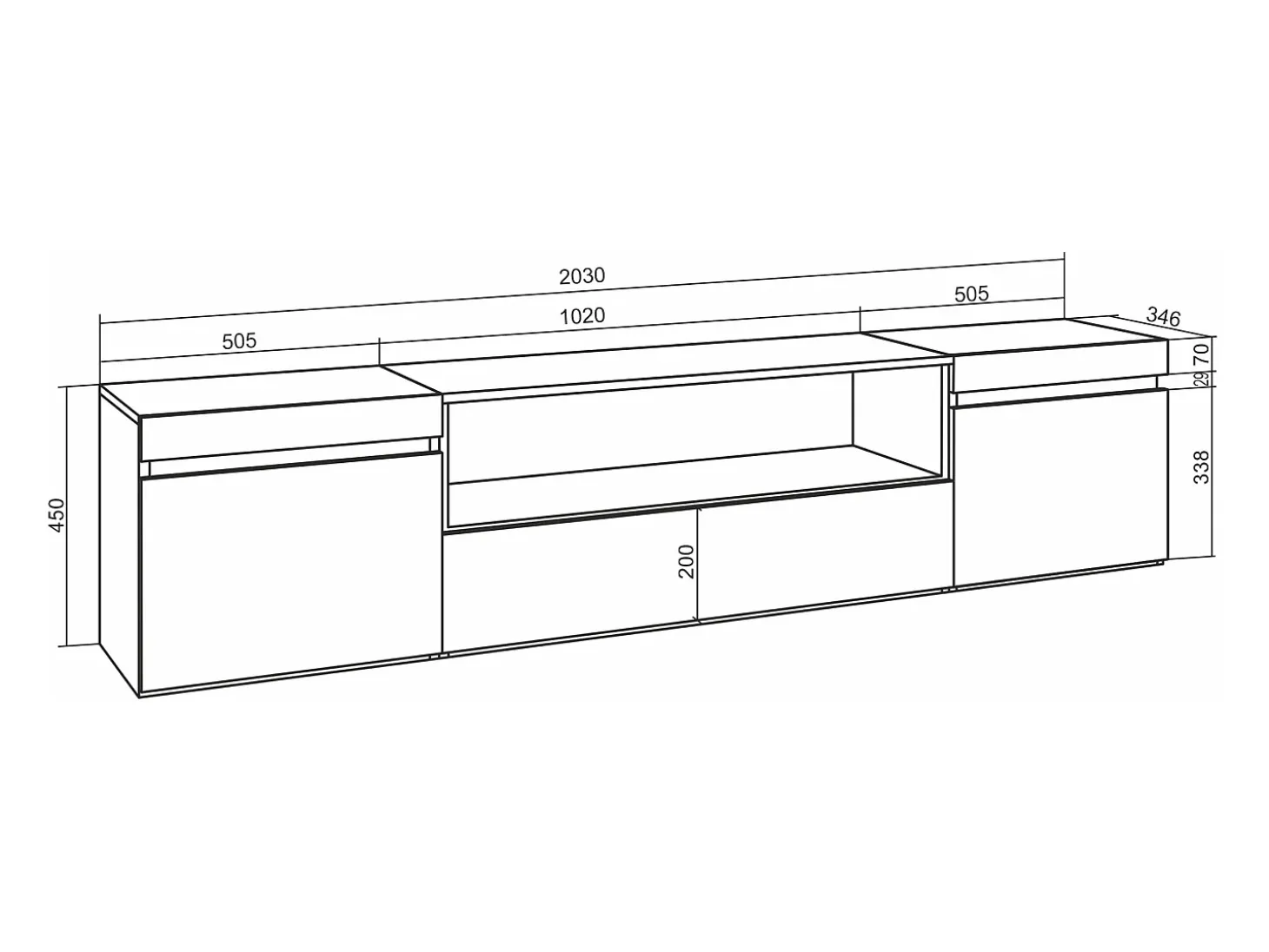 Móvel de TV, 200x45x35cm, Para televisores até 80", Estante para TV, Branco e preto
