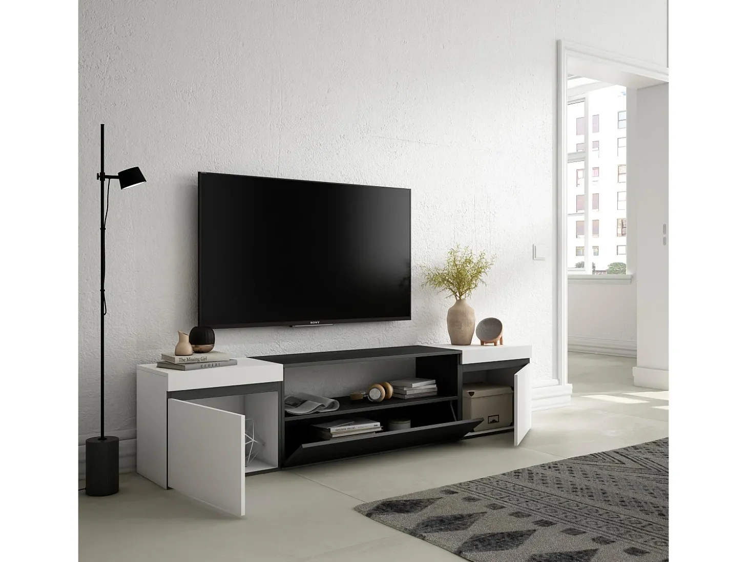 Móvel de TV, 200x45x35cm, Para televisores até 80", Estante para TV, Branco e preto