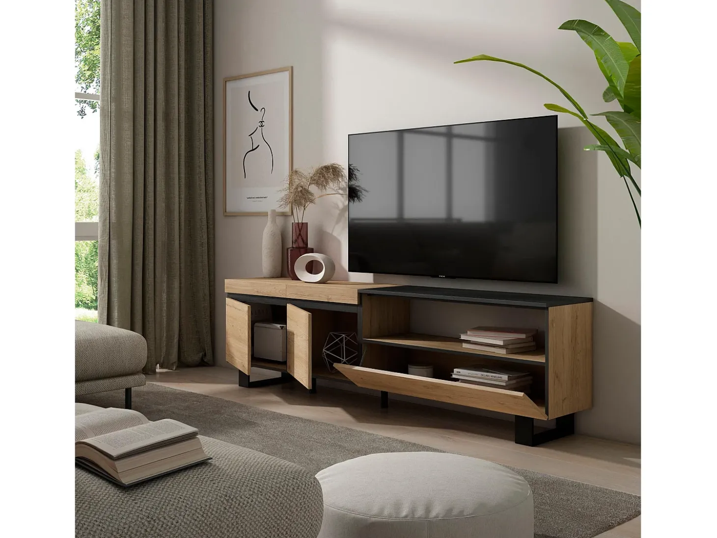 Móvel de TV, 200x35x57cm, Para televisores até 80", Design industrial, Carvahlo e preto