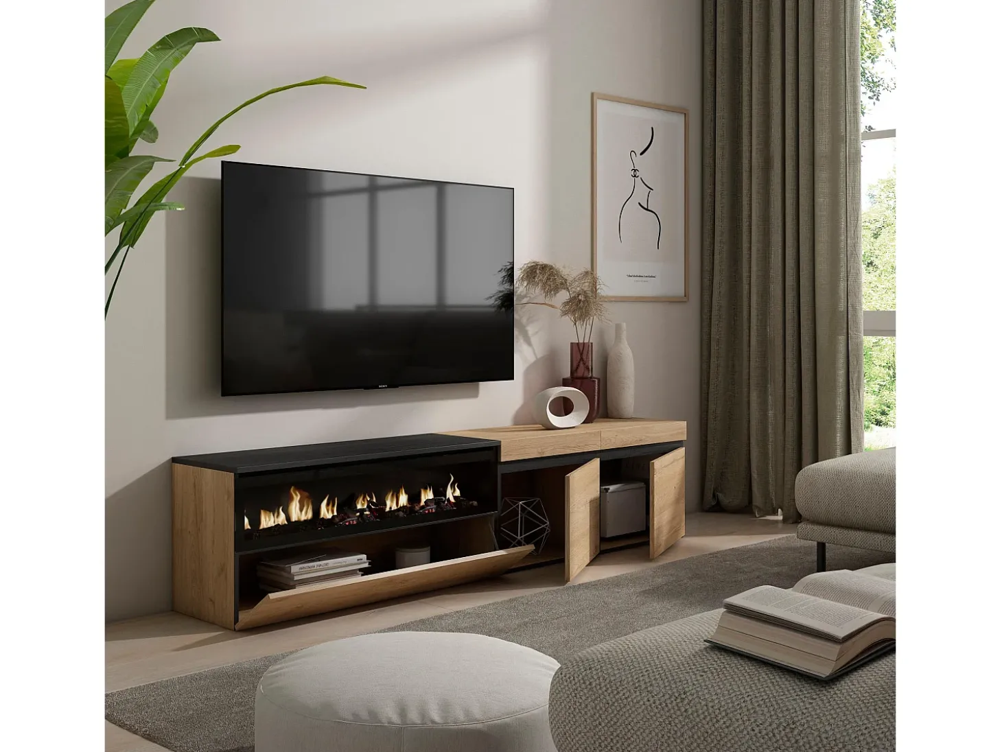 Móvel de TV, 200x35x45cm, Para televisores até 80", Lareira eléctrica, Carvahlo e preto