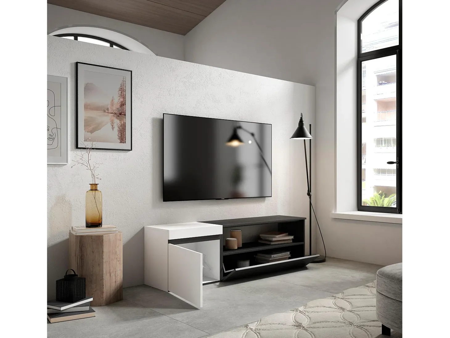 Móvel de TV, 150x35x45cm, Para televisores até 65", Estante para TV, Branco e preto