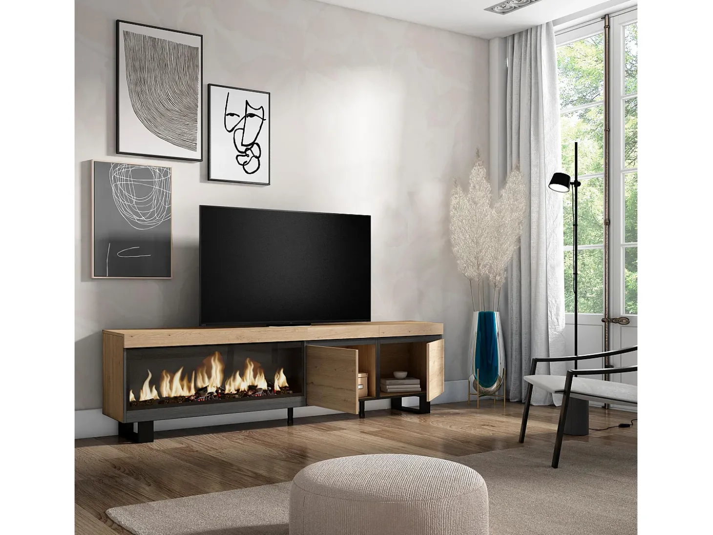 Móvel de TV, 208x35x57cm, Para televisores até 80", Lareira eléctrica XXL, Design industrial, Carvahlo