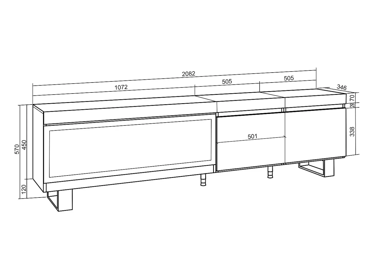Móvel de TV, 208x35x57cm, Para televisores até 80", Lareira eléctrica XXL, Design industrial, Carvahlo