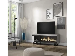 Móvel de TV, 158x35x57cm, Para televisores até 65", Lareira eléctrica XXL, Design industrial, Cimento