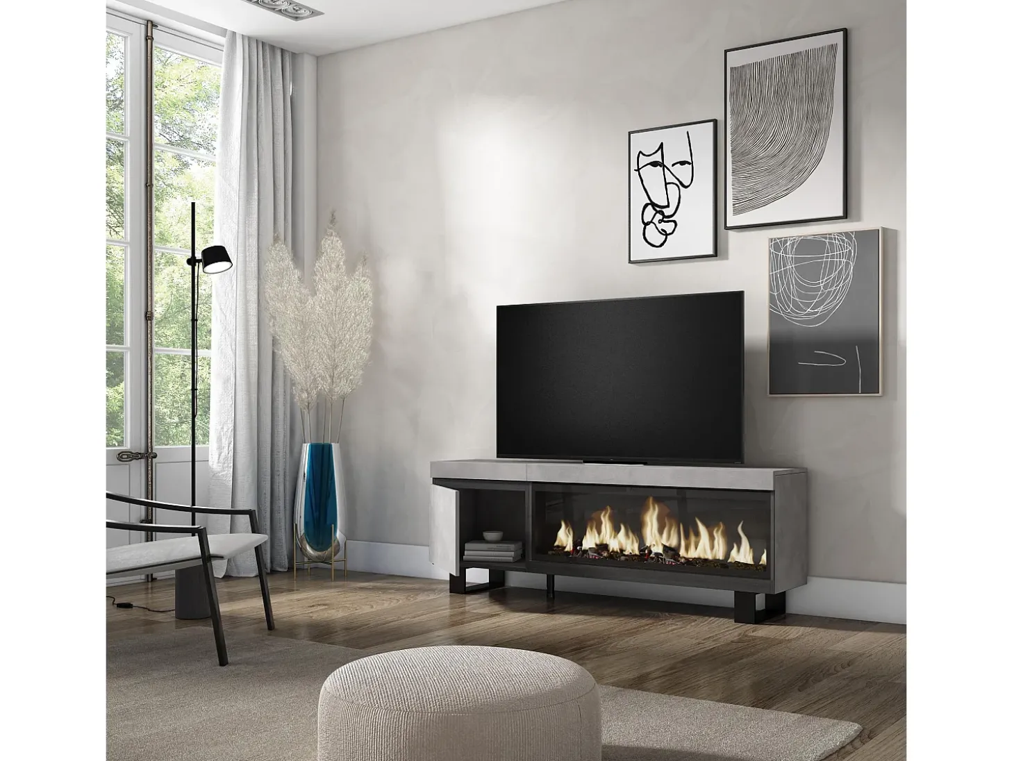 Móvel de TV, 158x35x57cm, Para televisores até 65", Lareira eléctrica XXL, Design industrial, Cimento