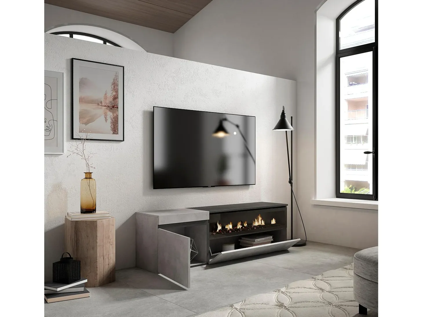 Móvel de TV, 150x35x45cm, Para televisores até 65", Lareira eléctrica, Cimento
