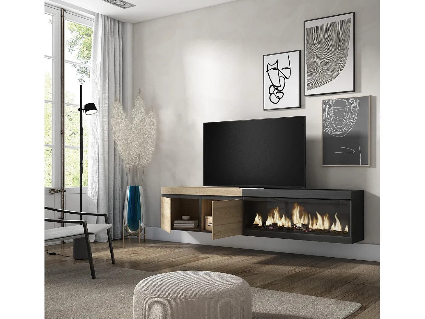Móvel de TV, 208x35x45cm, Para televisores até 80", Lareira eléctrica XXL, Suspensos, Carvahlo e preto