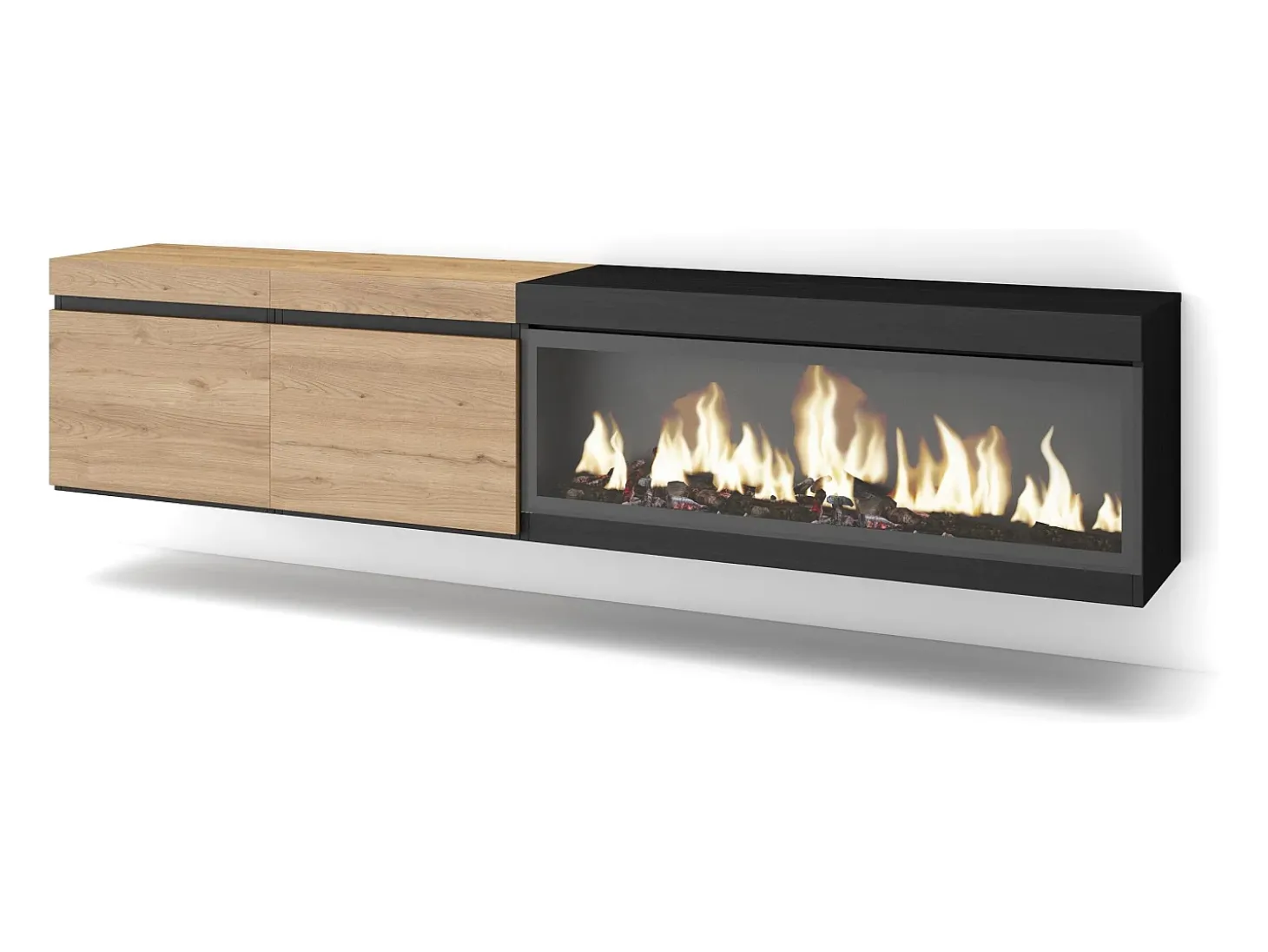 Móvel de TV, 208x35x45cm, Para televisores até 80", Lareira eléctrica XXL, Suspensos, Carvahlo e preto