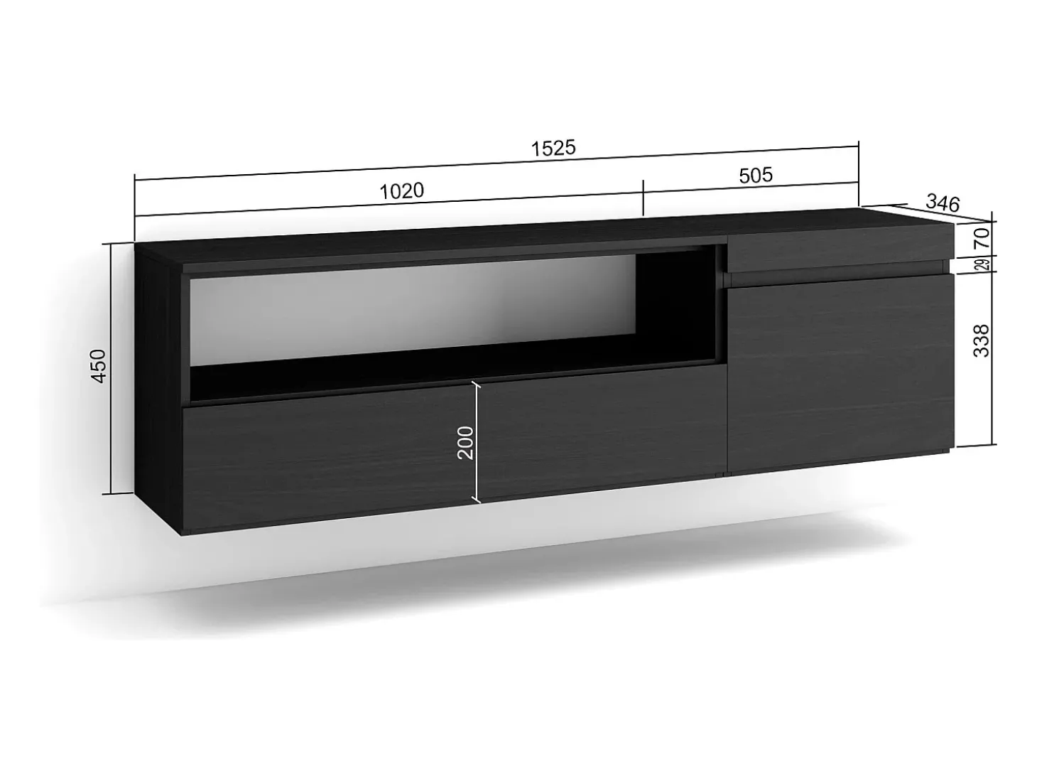 Móvel de TV, 150x35x45cm, Para televisores até 65", Suspensos, Preto