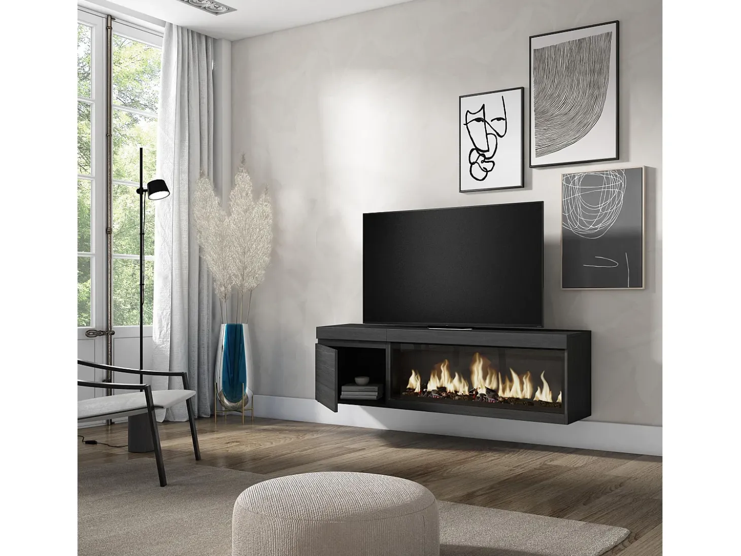 Móvel de TV, 158x35x45cm, Para televisores até 65", Lareira eléctrica XXL, Suspensos, Preto