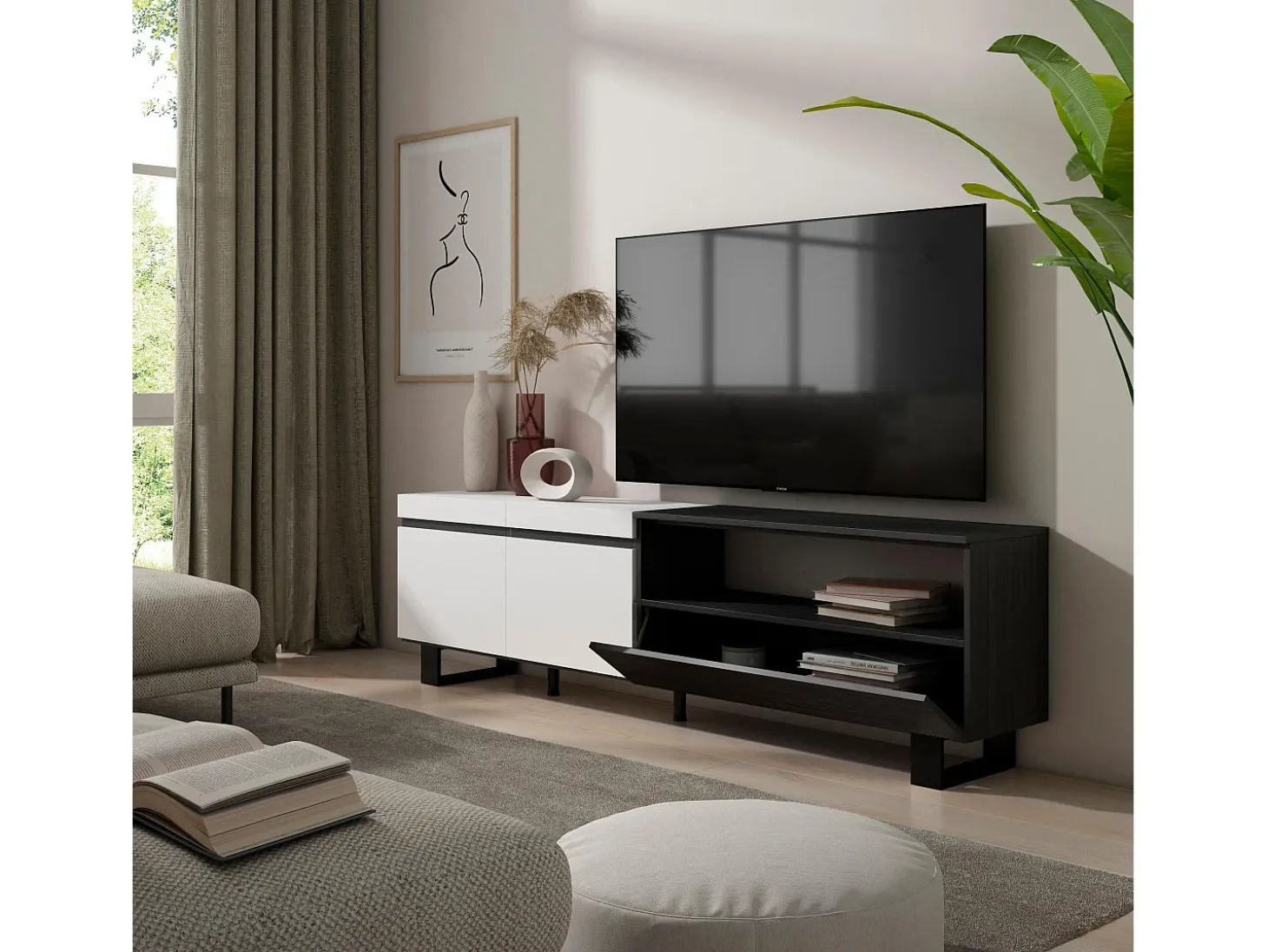 Móvel de TV, 200x35x57cm, Para televisores até 80", Design industrial, Branco e preto