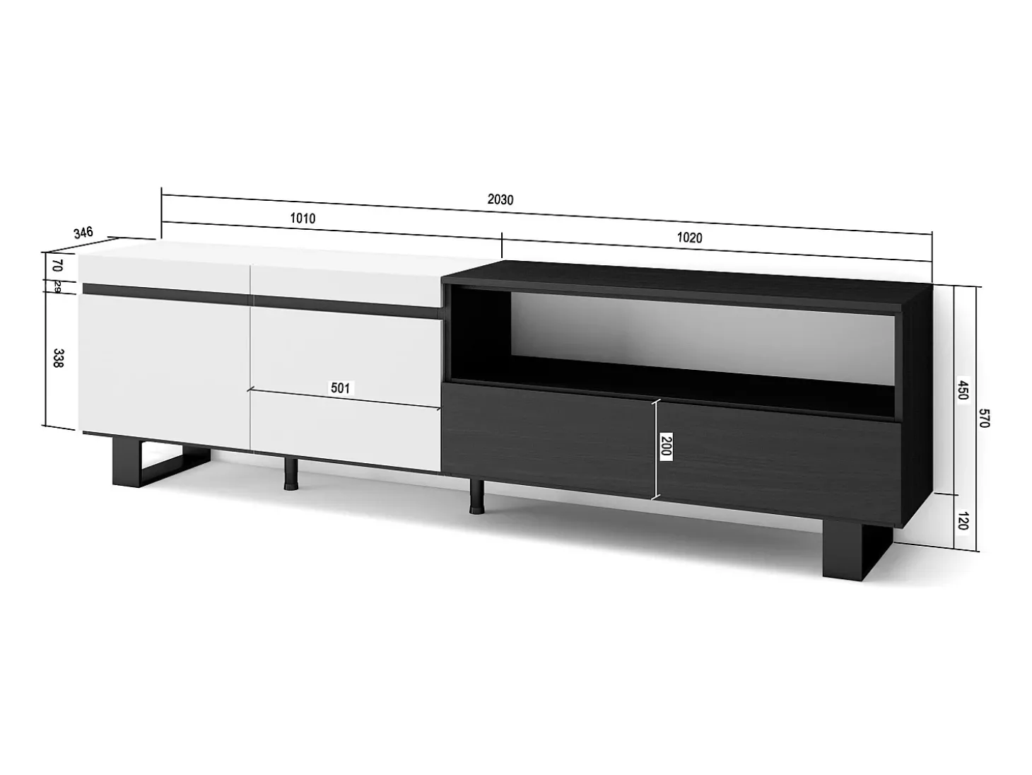 Móvel de TV, 200x35x57cm, Para televisores até 80", Design industrial, Branco e preto