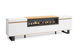 Móvel de TV, 200x35x57cm, Para televisores até 80", Lareira eléctrica, Design industrial, Branco e Carvalho soft