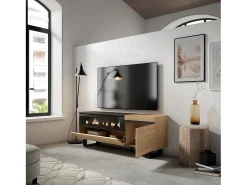 Móvel de TV, 150x35x57cm, Para televisores até 65", Lareira eléctrica, Design industrial, Carvahlo e preto