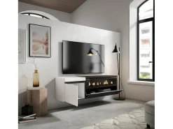 Móvel de TV, 150x35x45cm, Para televisores até 65", Lareira eléctrica, Suspensos, Branco e preto