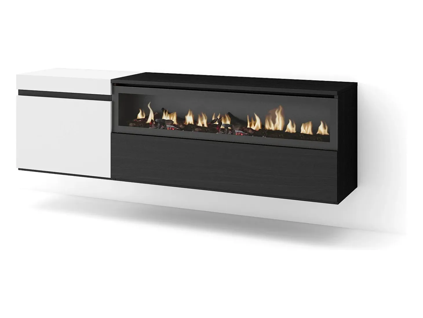 Móvel de TV, 150x35x45cm, Para televisores até 65", Lareira eléctrica, Suspensos, Branco e preto