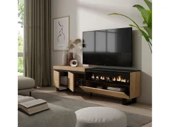 Móvel de TV, 200x35x57cm, Para televisores até 80", Lareira eléctrica, Design industrial, Carvahlo e preto