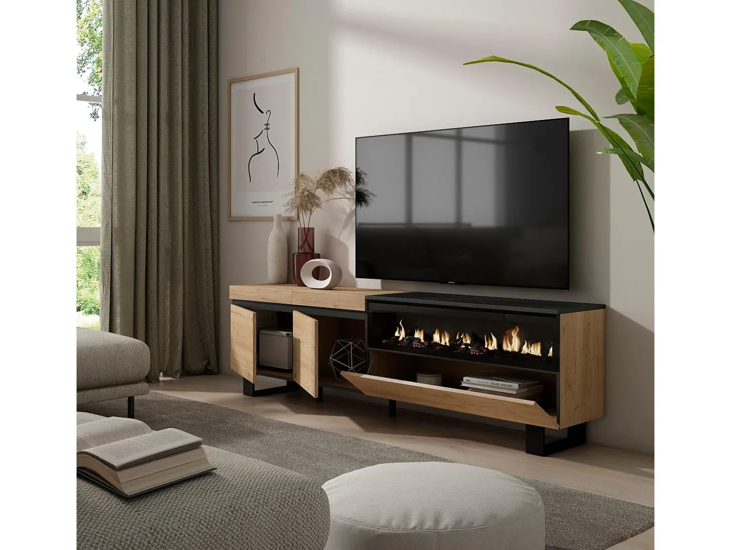Móvel de TV, 200x35x57cm, Para televisores até 80", Lareira eléctrica, Design industrial, Carvahlo e preto