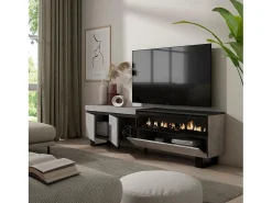 Móvel de TV, 200x35x57cm, Para televisores até 80", Lareira eléctrica, Design industrial, Cimento