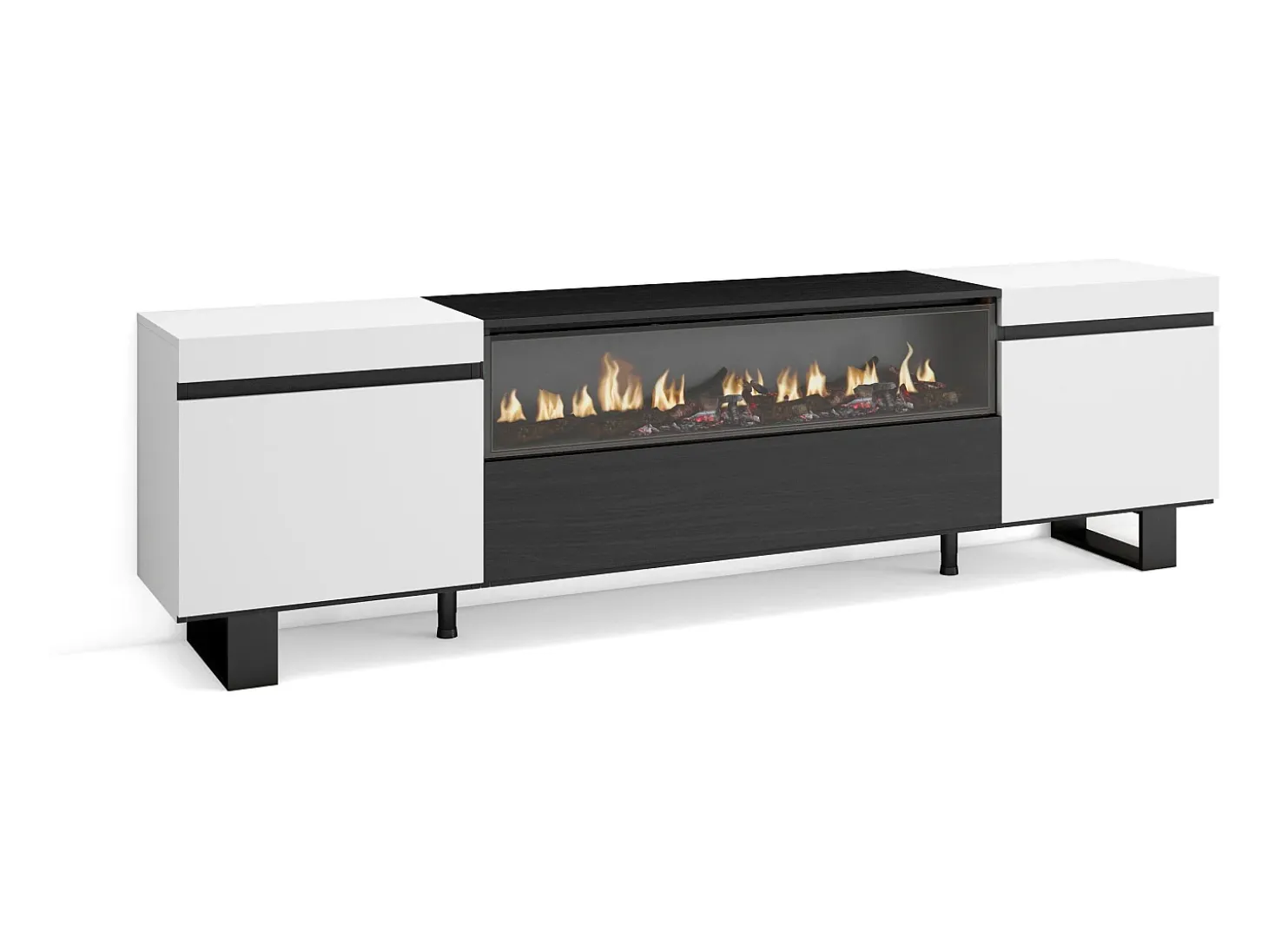 Móvel de TV, 200x35x57cm, Para televisores até 80", Lareira eléctrica, Design industrial, Branco e preto