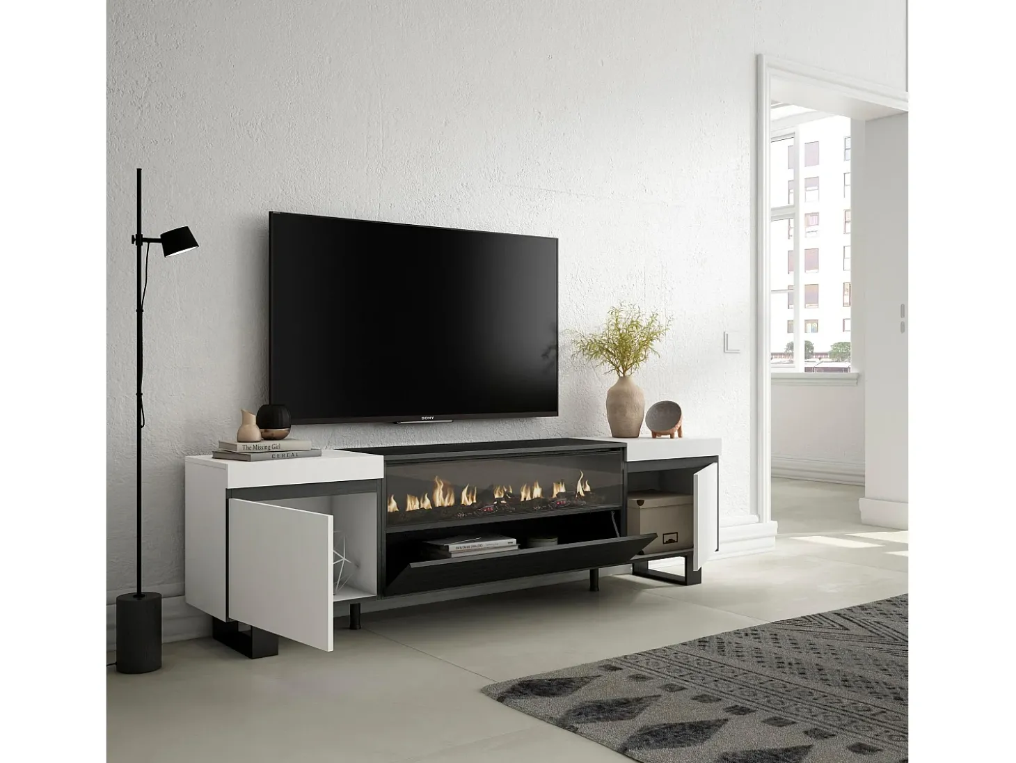 Móvel de TV, 200x35x57cm, Para televisores até 80", Lareira eléctrica, Design industrial, Branco e preto