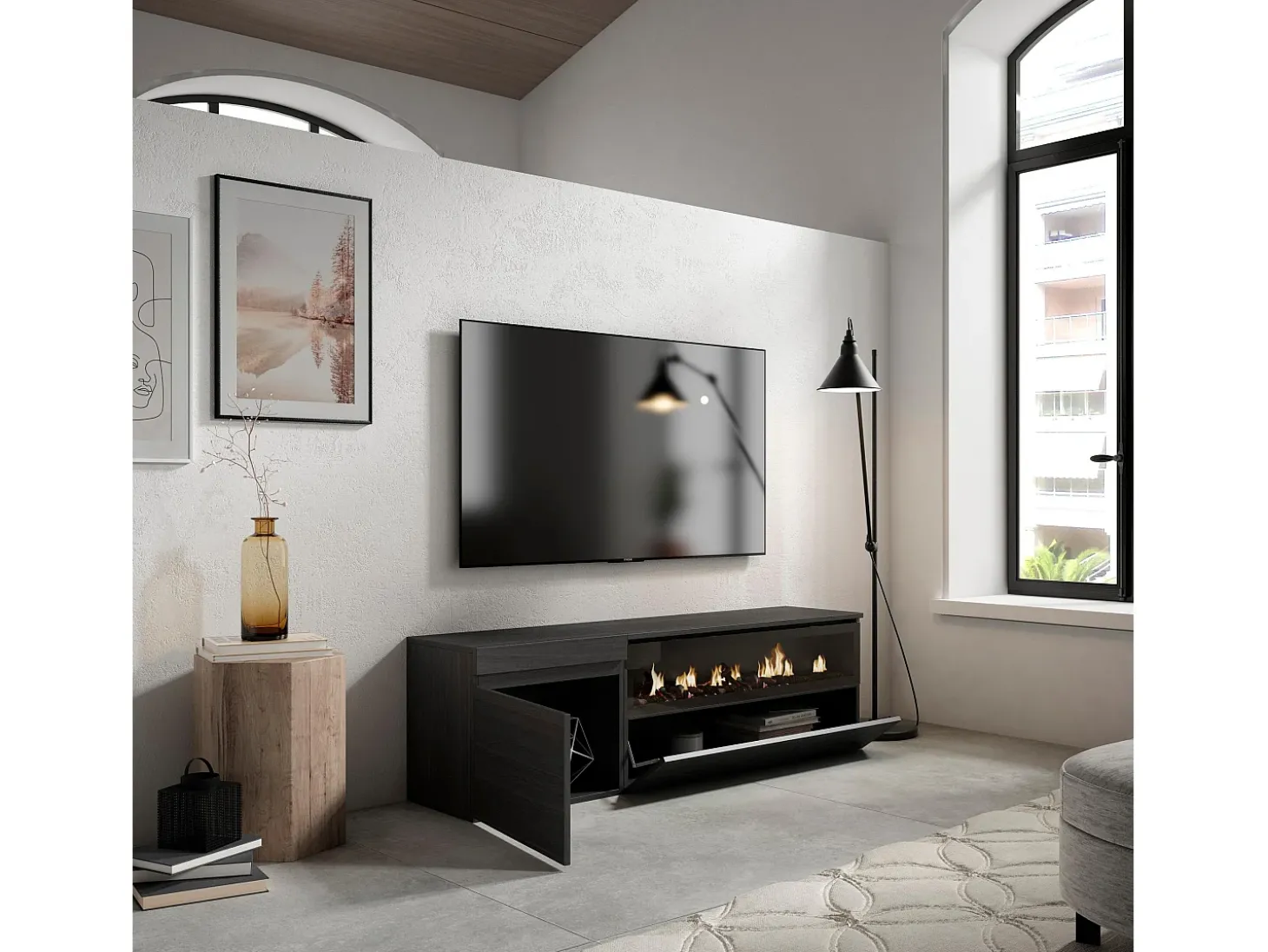Móvel de TV, 150x35x45cm, Para televisores até 65", Lareira eléctrica, Preto