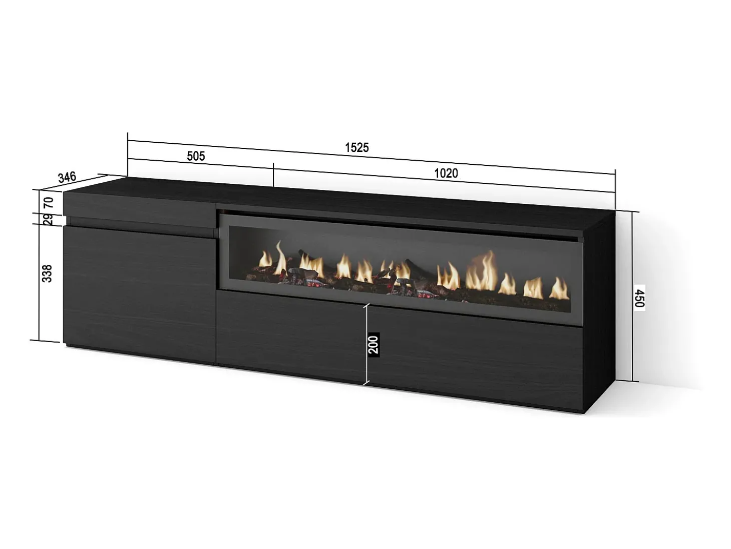 Móvel de TV, 150x35x45cm, Para televisores até 65", Lareira eléctrica, Preto